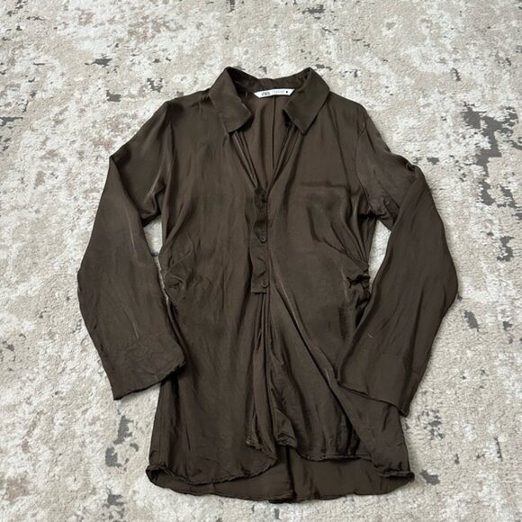 Zara Brown Satin Silk Keyhole Long Sleeve Fitted Button Down Shirt Top Size M - Picture 1 of 3